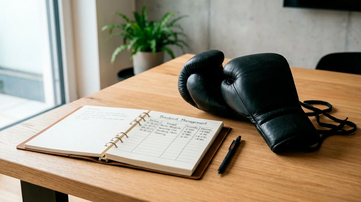 Notizbuch mit Staking-Plan neben Boxhandschuhen