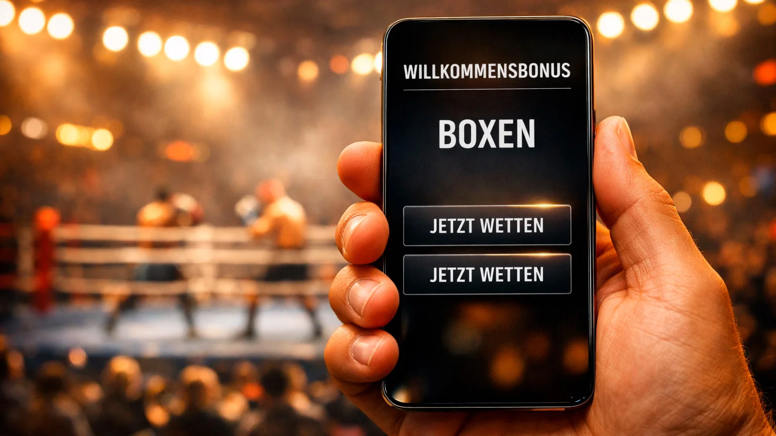 Smartphone mit Sportwetten-App und Boxkampf im Hintergrund