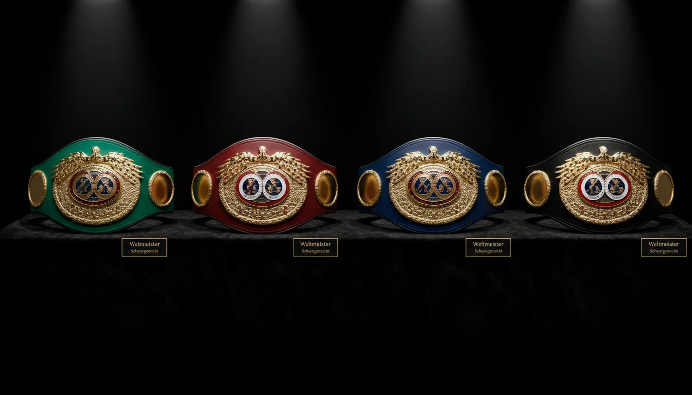 Vier Boxgürtel nebeneinander - WBA, WBC, IBF und WBO