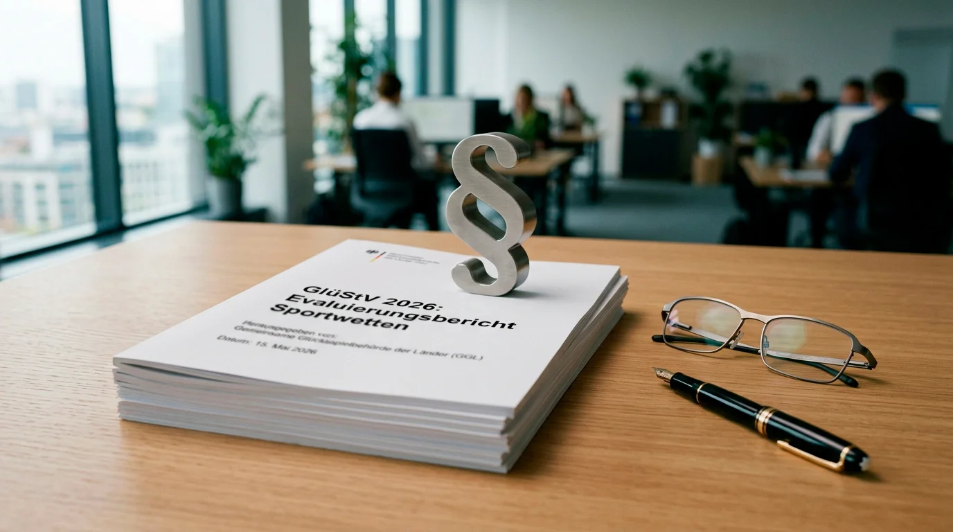 Stapel Dokumente mit Paragraphenzeichen - GlüStV-Evaluierung 2026