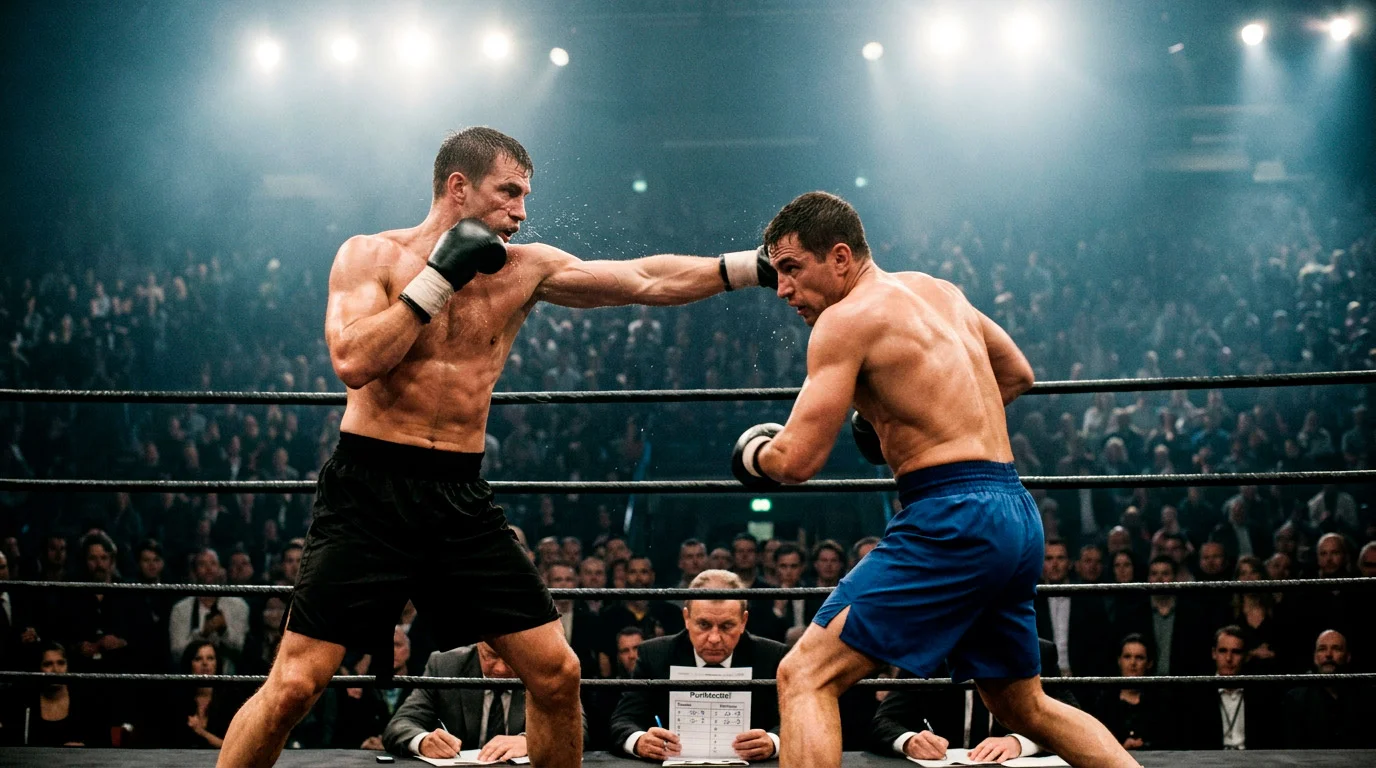Zwei Boxer im Ring mit Punktrichtern am Ringrand - Siegwette beim Boxen